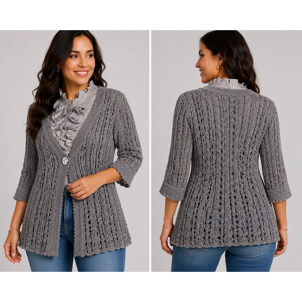 Marisa Christina Gray Open Knit Cardigan Sweater Womens M Silk Blend 3/4 Sleeve